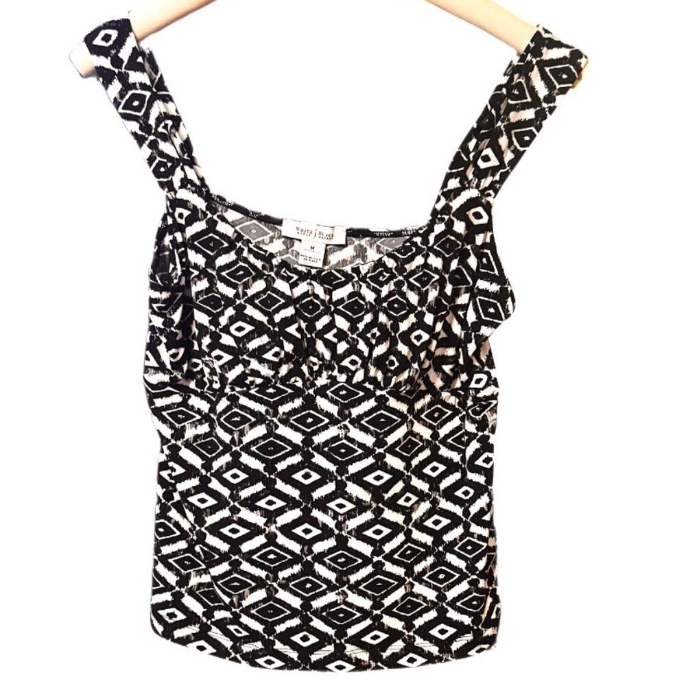 White House Black Market MSRP $75 Ruching White Black Top Sleeveless Blouse MED
